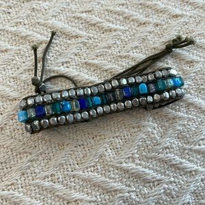 Blue Stone and Glass Layered Bead silver stone macramé Bracelet